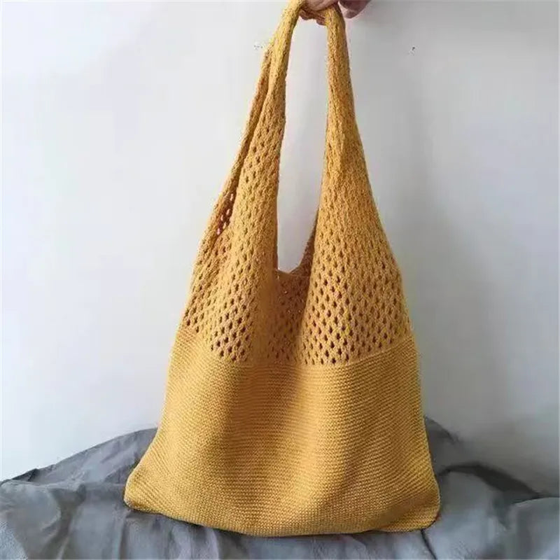 Hollow Out Knitted Handbag Shoulder Bag Solid Color Wool Knitting Bag Commuter Large Capacity