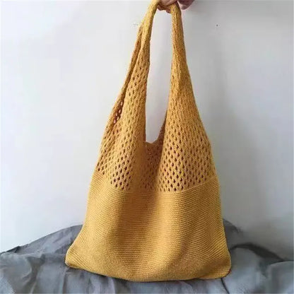 Hollow Out Knitted Handbag Shoulder Bag Solid Color Wool Knitting Bag Commuter Large Capacity