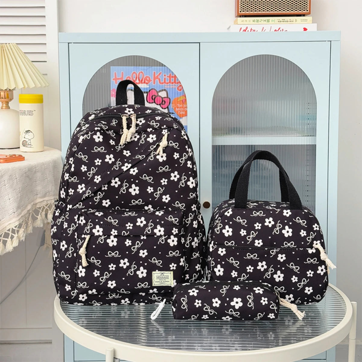 Gentle Sweet Bow Flower Printed Three Piece Backpack Set Nylon Lightweight Large Capacity Girls