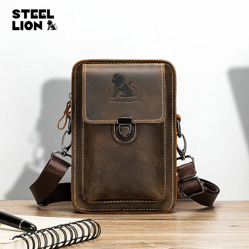Crazy Horse Leather Men Casual Wear Belt Mobile Phone Pocket Head Layer Cowhide Multi-Function