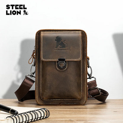 Crazy Horse Leather Men Casual Wear Belt Mobile Phone Pocket Head Layer Cowhide Multi-Function