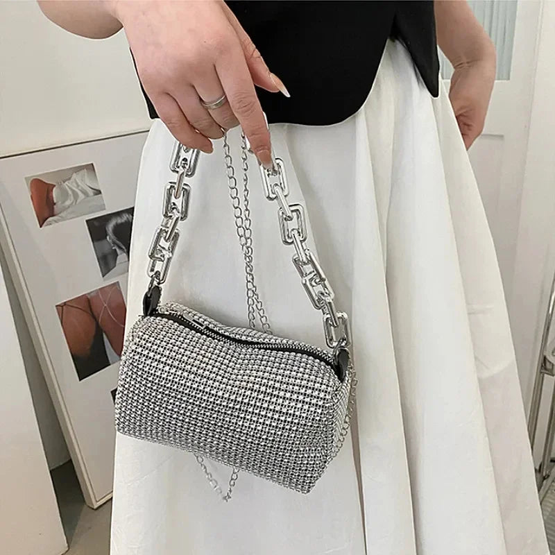 Rhinestone Shoulder Bag – Sparkling Pillow Bag with Chain Strap
