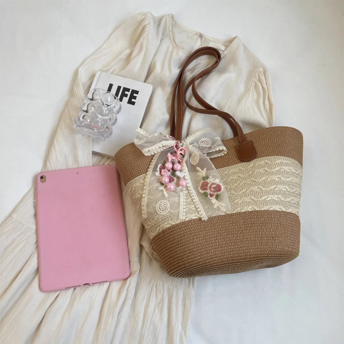Sweet Girl Vacation Tote Bag Lace Bow Charm Colorblock Woven Straw Shoulder Large Capacity