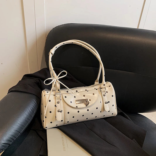 Y2k Retro Polka Dot Patent Leather Baguette Bag Cute Bow Decor Women Underarm Shoulder Purse Daily