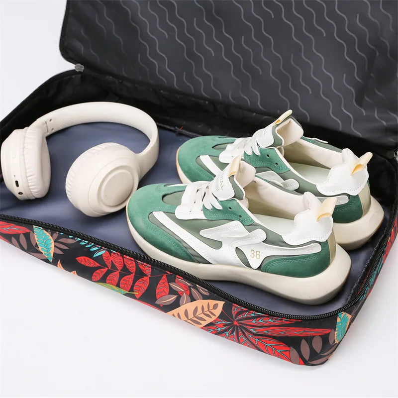 Leaf Print Travel Duffel Bag with Shoe Compartment