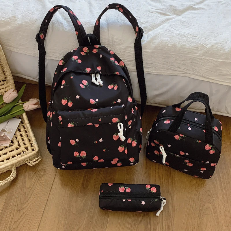 Cute Strawberry Pattern Backpack Set 3pcs Handbag Pencil Case Reinforced Nylon Dual Zipper School