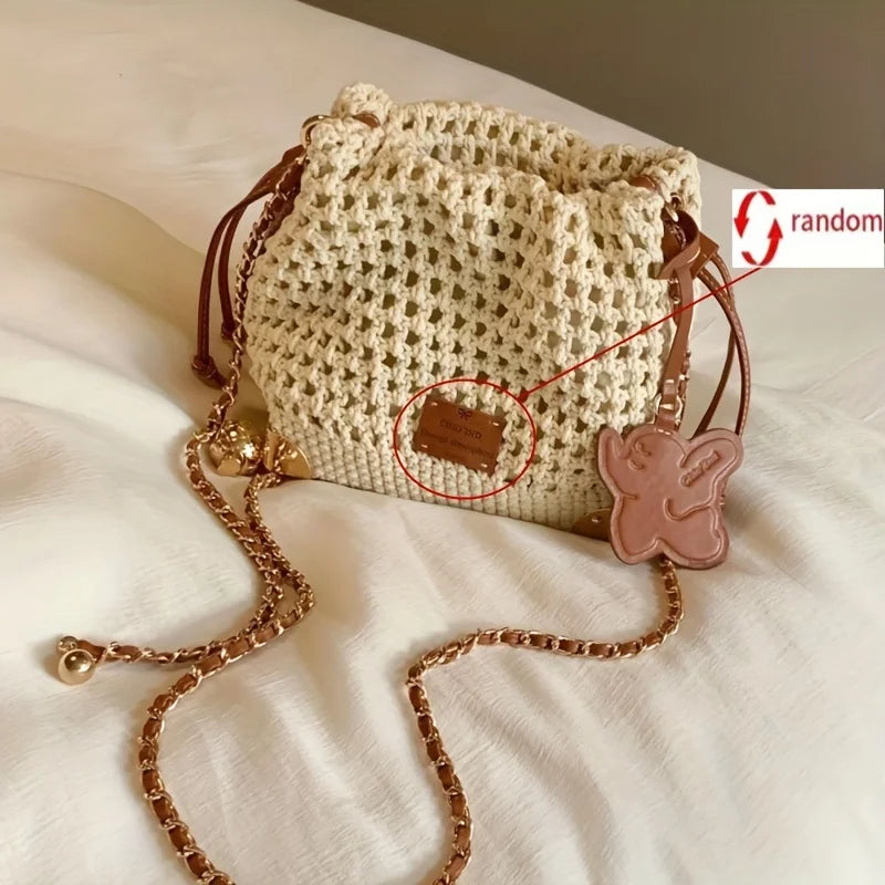 Knit Crochet Bucket Crossbody Bag with Gold Chain Strap & Charm