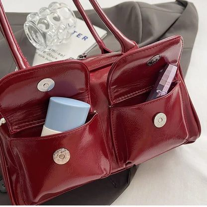 Solid Sewing Thread Glossy Pu Shoulder Bags Versatile Hand Women Bolsas Femininas