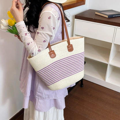 Vacation Fresh Women Tote Bag Solid Stripe Woven Shoulder Large Capacity Breathable Straw Handbag