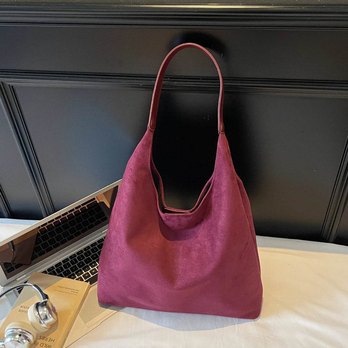 Suede Texture Large Tote Bag – Women's Minimalist Shoulder Handbag
