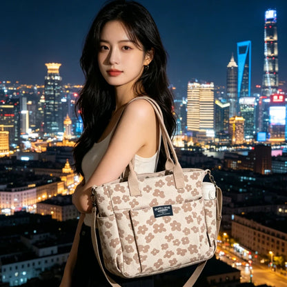 Floral Print Canvas Tote Bag Multi Pocket Design Detachable Wide