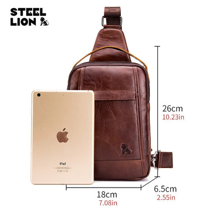 Men S Cowhide Chest Bag Retro Oil-Wax Leather Casual Chest Bag Large-Capacity Vertical