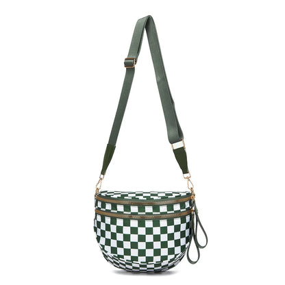 Checkered Saddle Crossbody Bag – Dual Zipper Shoulder & Waist Pack for Women
