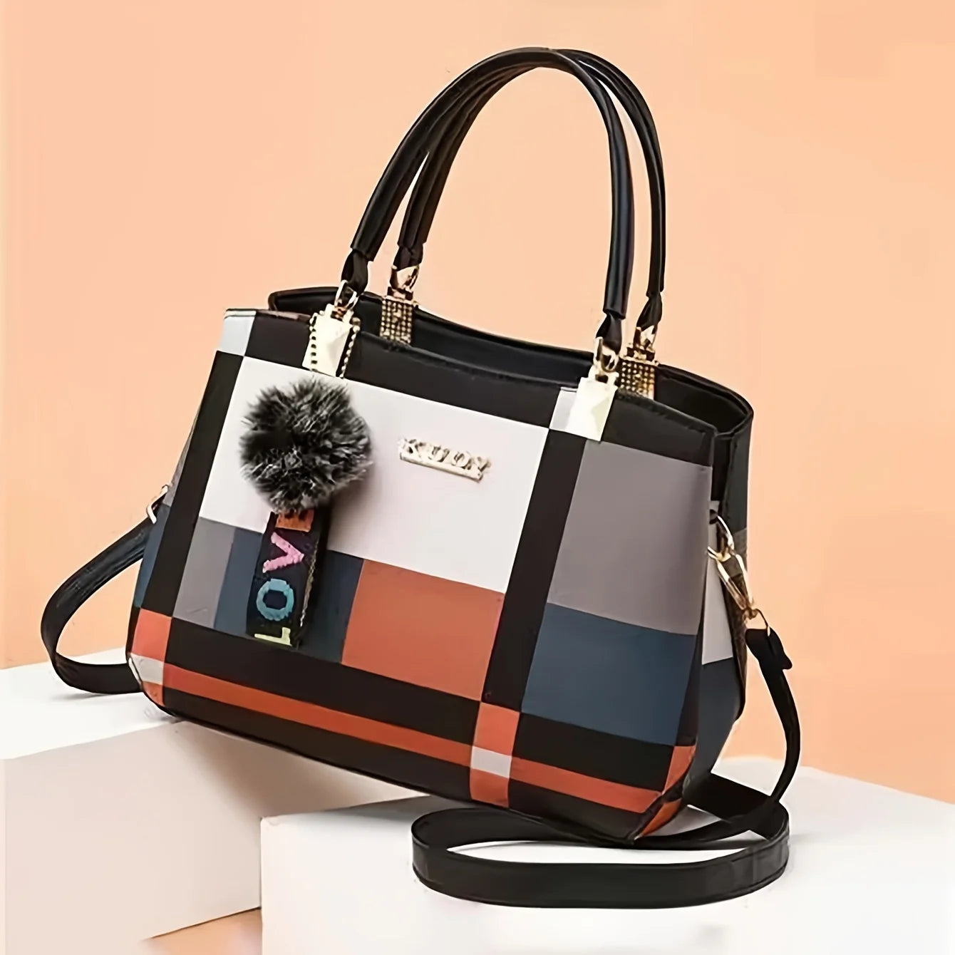 Plaid Small Tote Bag Ball Decoration Multi Layer Handbag Shoulder Crossbody Women Date Party Student