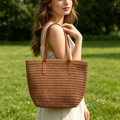 Summer Beach Handbag Shoulder Bag Women Bohemian Woven Straw Tote Bags Leather Handles