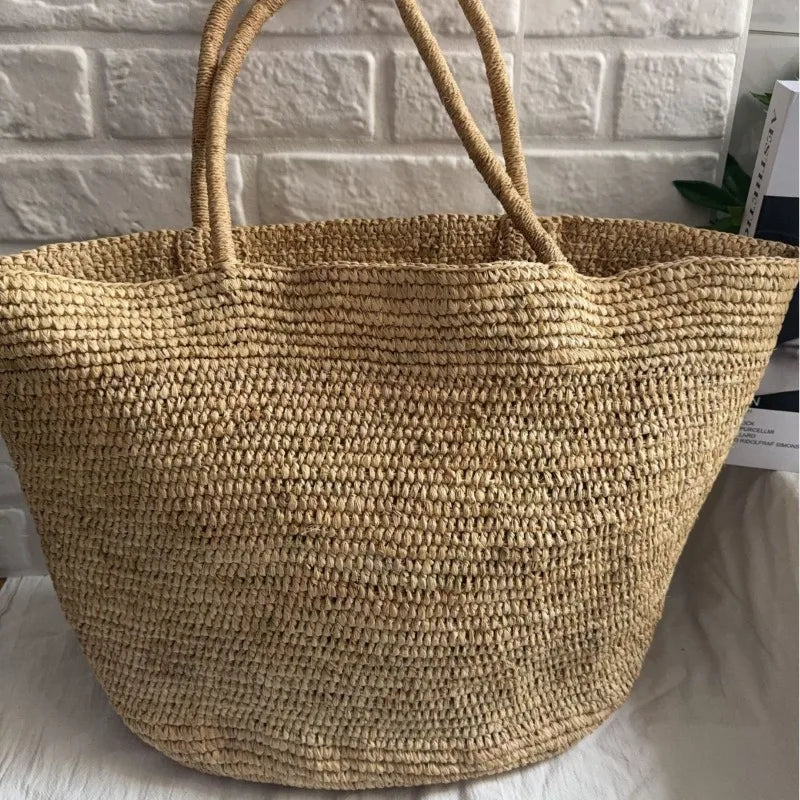 Summer Women S Raffia Hand Woven Tote Bag Simple Handbag Shoulder Perfect Vacation Beach Day Seaside