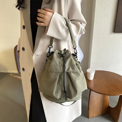 Nylon Drawstring Bucket Bag – Casual Crossbody Shoulder Bag for Women
