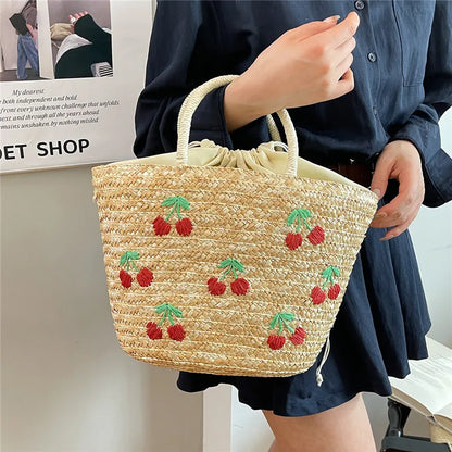Straw Fruit Embroidery String Casual Sweet Tote Bags Spring