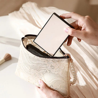 Sweet Cosmetic Pouch Imitation Pearl Chain Women Lace Small Makeup Bag Travel Organizer Coins