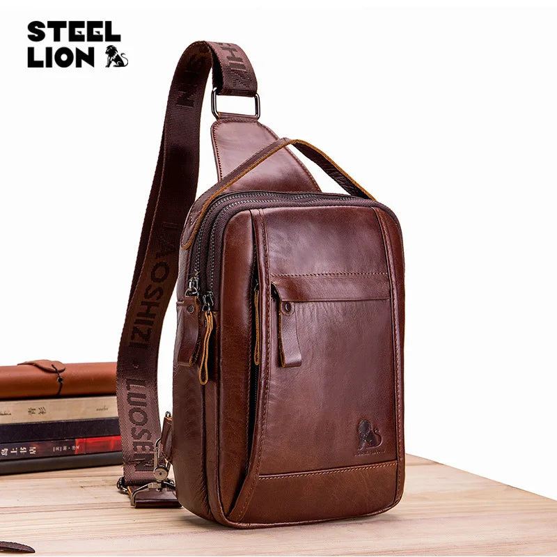 Men S Cowhide Chest Bag Retro Oil-Wax Leather Casual Chest Bag Large-Capacity Vertical