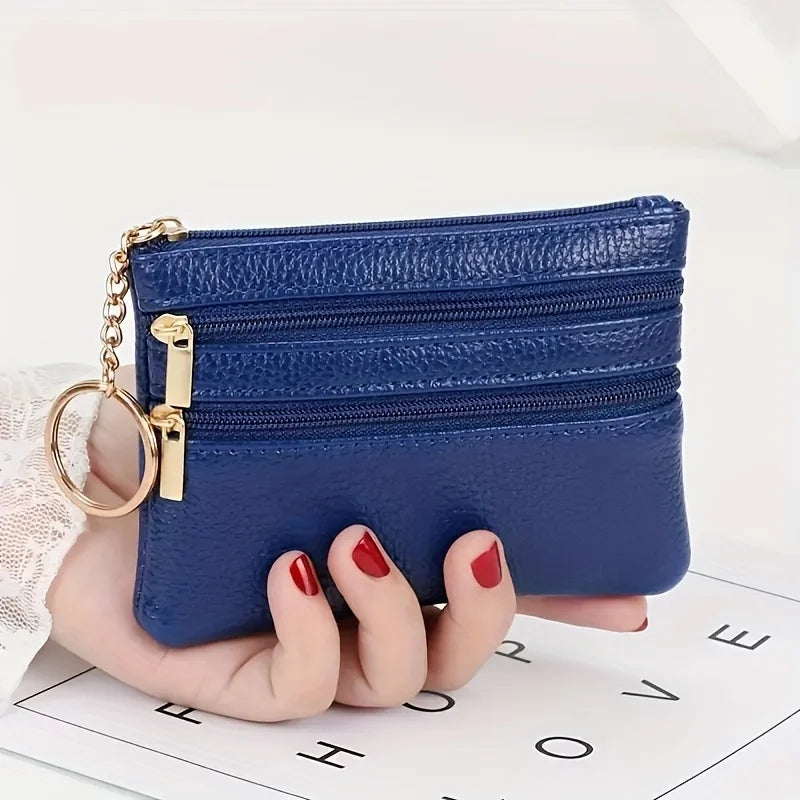 Leather Multi Zipper Pouch Mini Coin Purse Keyring Split Pocket Compact Card Cash Storage Wallet