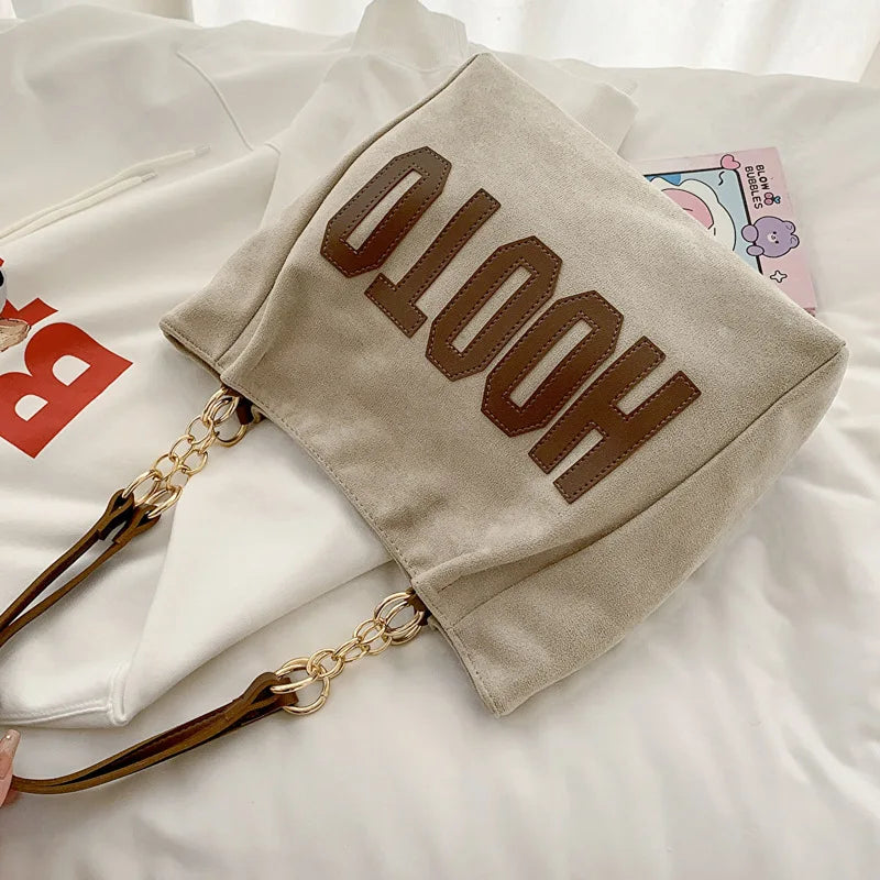 Solid Color Shoulder Bag Trendy Letters Tote Bag Canvas Campus Handbag Women Office