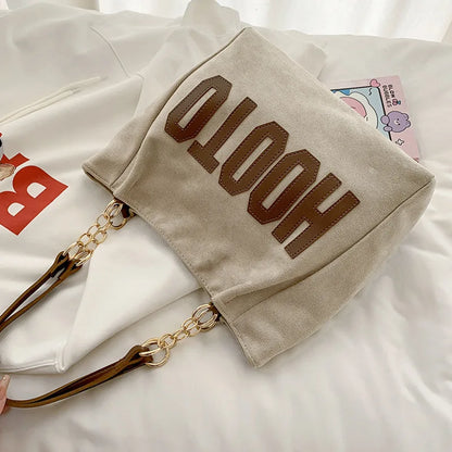 Solid Color Shoulder Bag Trendy Letters Tote Bag Canvas Campus Handbag Women Office
