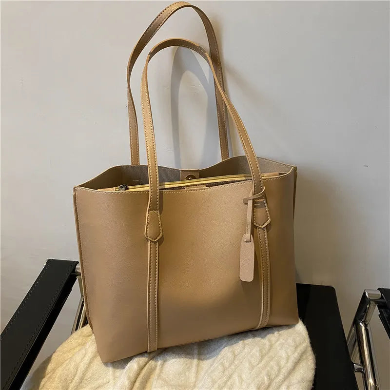 Large Capacity Women's Leather Tote Bag – Soft Shoulder Handbag