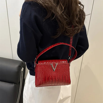 Mini Croc-Embossed PU Leather Handbag with V-Lock