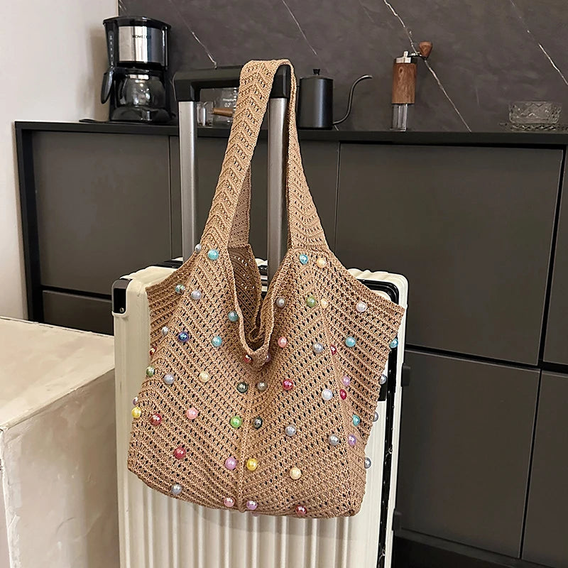 Beach Knitted Openwork Women Shoulder Bag Colorful Pearl Tote Soft Material Large Capacity Versatile