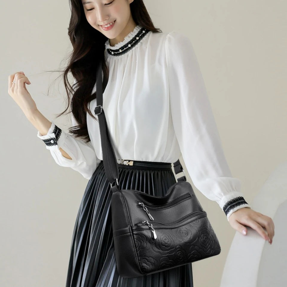Embossed Floral Crossbody Bag for Women – Multi-Pocket
