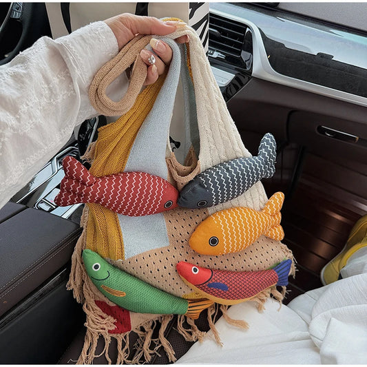3D Fish Shoulder Bag – Colorful Novelty Knit Tote for Women