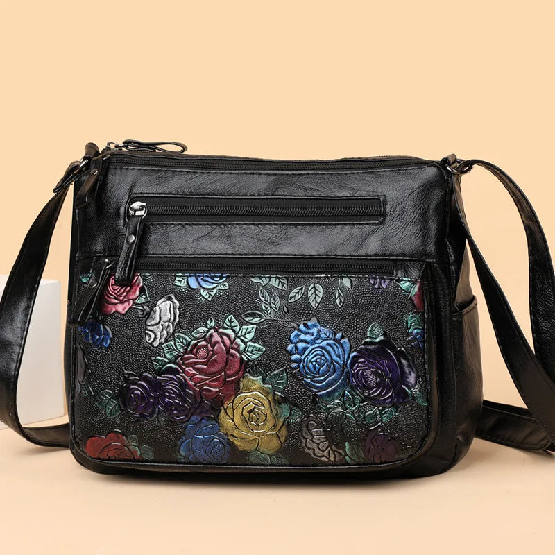 Rose Floral Embossed Leather Crossbody Bag for Women