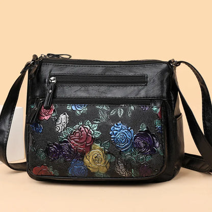 Rose Floral Embossed Leather Crossbody Bag for Women