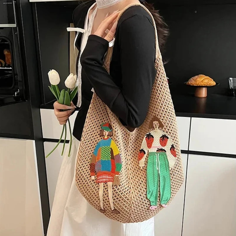 Hollow Mesh Knitted Shoulder Bag Beach Vacation Slouchy Chic Cartoon Tote Lightweight Laid-Back
