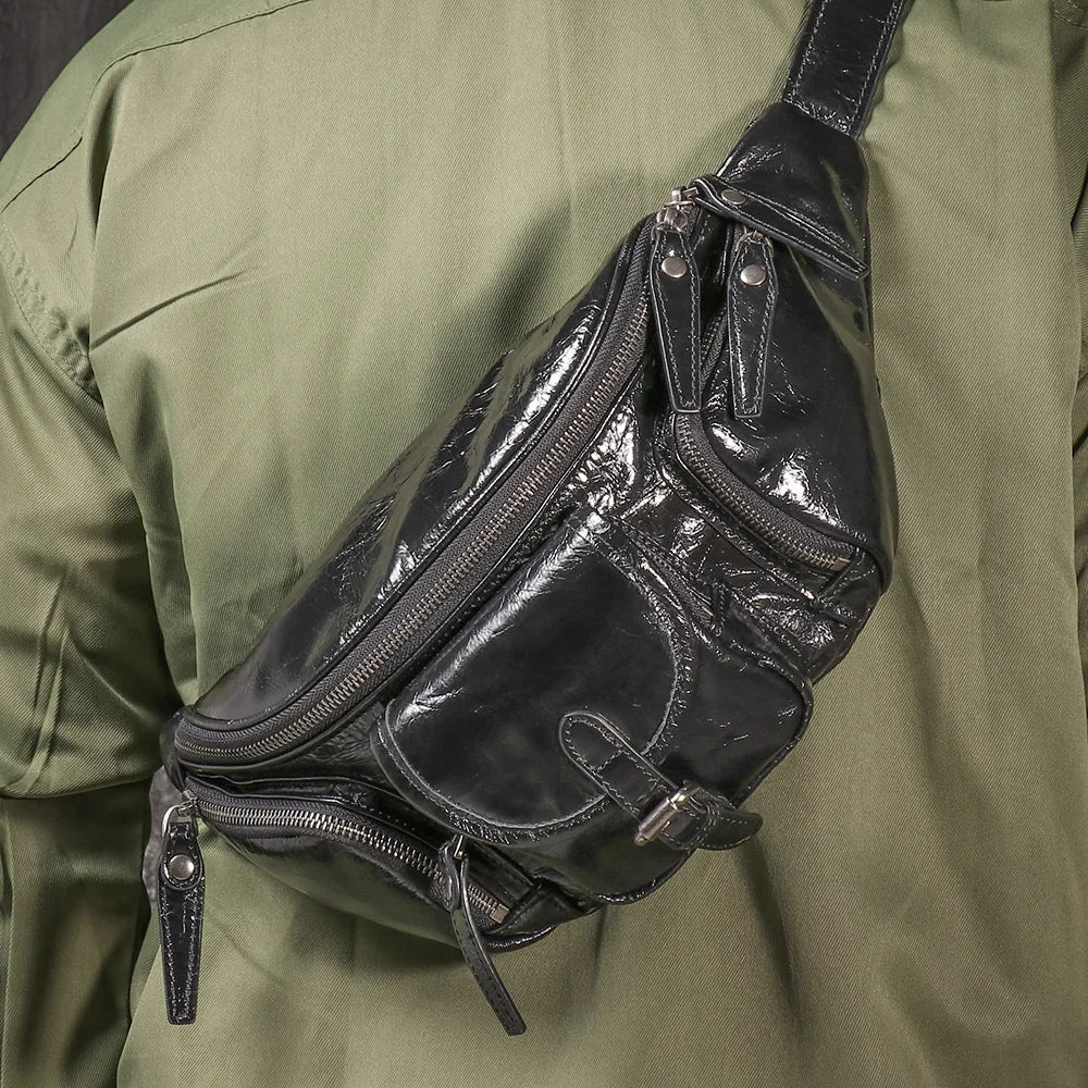 Top-Grain Cowhide Ipad Mini Waist Bag Genuine Leather Casual Chest Bag Multi-Functional Motorcycle