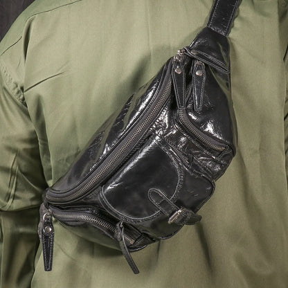 Top-Grain Cowhide Ipad Mini Waist Bag Genuine Leather Casual Chest Bag Multi-Functional Motorcycle