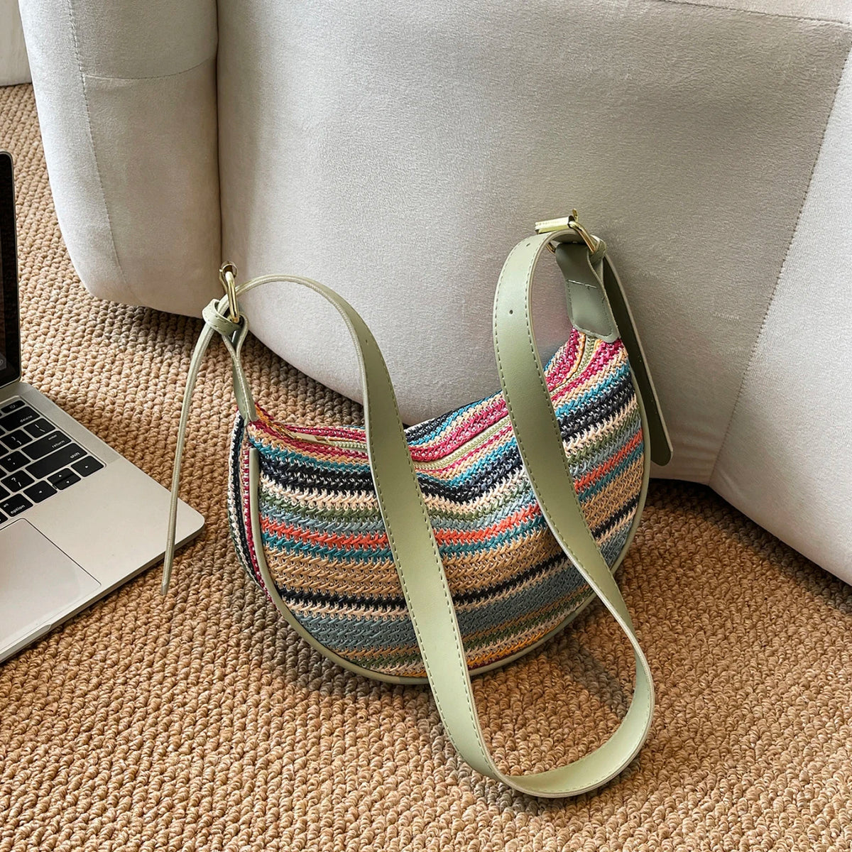 Bohemian Vacation Women Hobo Bag Stripe Woven Crossbody Adjustable Strap Multi Function Shoulder