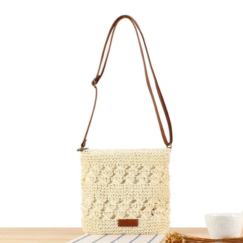 Handmade Paper Straw Crossbody Bag with Zipper & Leather Strap