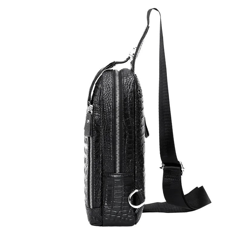 Men S Large Capacity Leather Breast Bag Head Layer Shoulder Oblique Cross Chest Crocodile