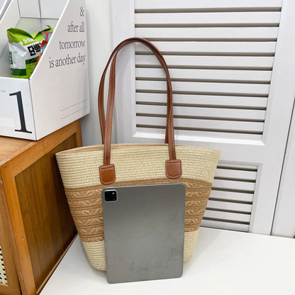 Fresh Vacation Women Shoulder Bag Woven Stripe Colorblock Straw Tote Large Capacity Breathable