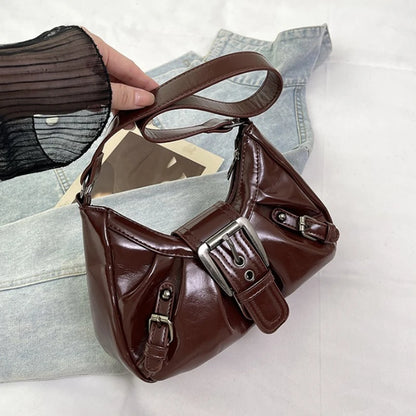 Y2k White Glossy Hobo Bag Silver Buckle Details Retro Ruched Design Edgy Chic Shoulder Purse Trendy