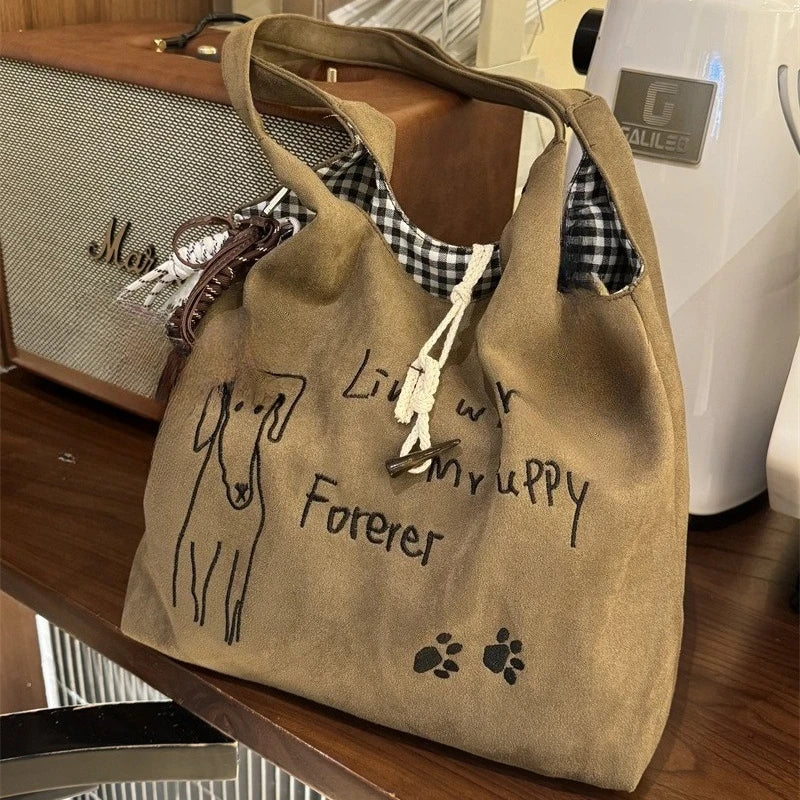 Cute Puppy Print Canvas Tote Bag – Large Capacity Shoulder Bag