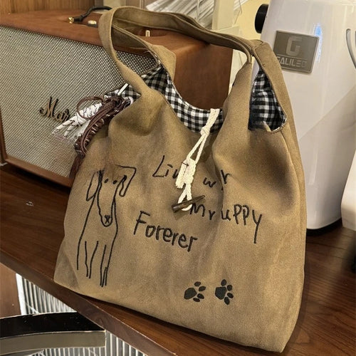 Cute Puppy Print Canvas Tote Bag – Large Capacity Shoulder Bag