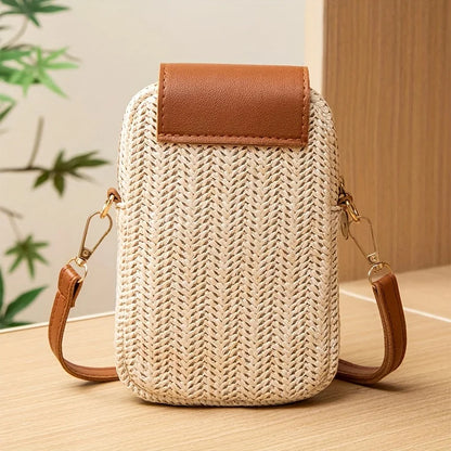 Mini Crossbody Phone Bag for Women – Cute Straw & Leather Boho Purse
