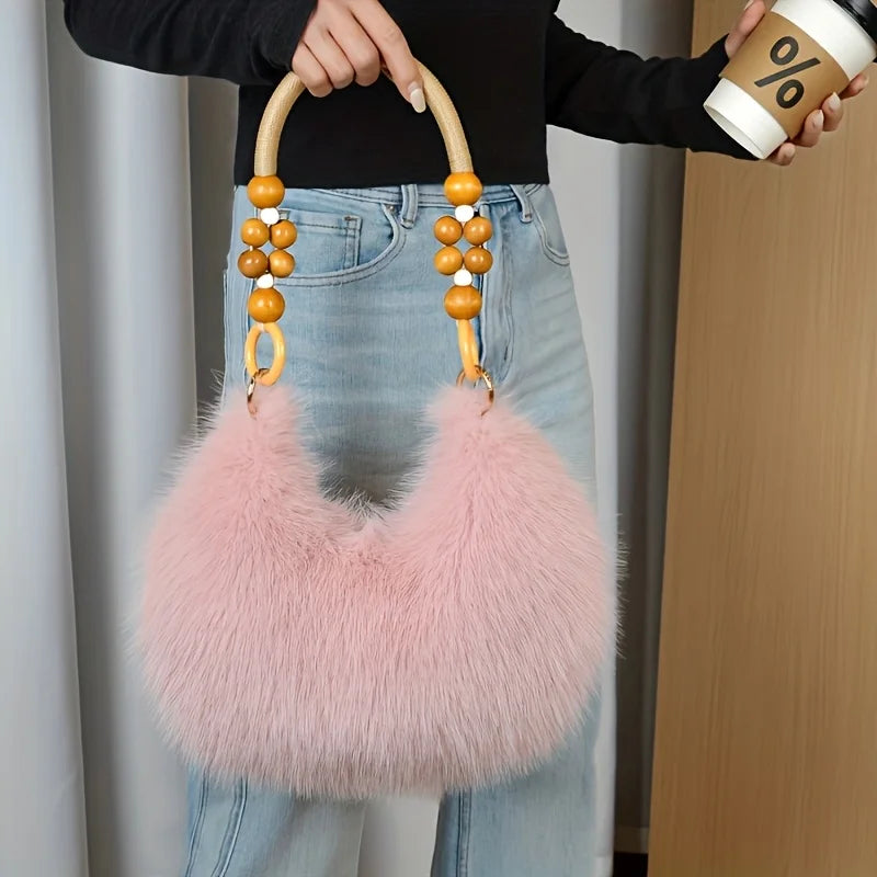 Fluffy Faux Fur Tote Bag with Wooden Bead Handle