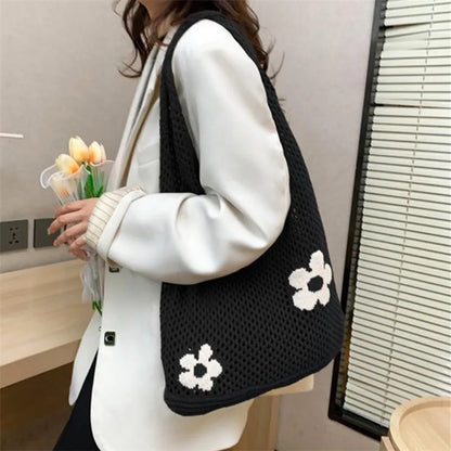 Crochet Flower Mesh Tote Bag - Summer Knitted Shoulder Handbag