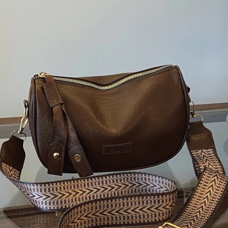 Women's Vintage Faux Leather Crossbody Bag with Wide Chevron Strap