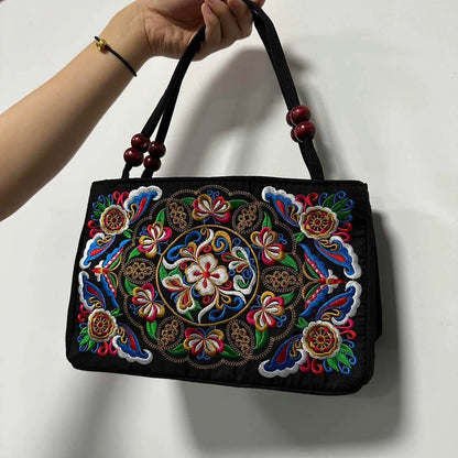 Embroidered Floral Handbag with Double Zipper & Beaded Handle