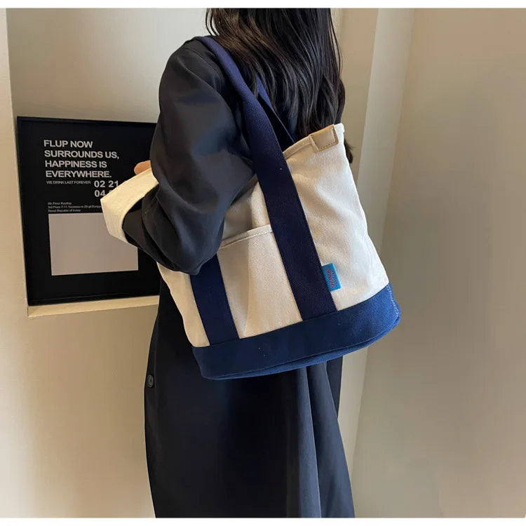 Color Block Canvas Tote Bag – Large Shoulder & Crossbody Bag